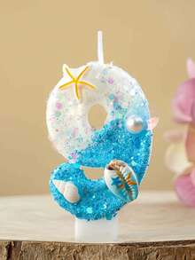 1件生日蠟燭 海星與貝殼設計 0-9數字款 亮粉藍色與白色蠟燭 適合海灘主題派對 海灘派對裝飾 - 彩色 - 查看 12