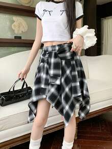 女式格子休闲可爱打结迷你裙，街头风格少女下装，夏季 - 黑色 - 查看 4