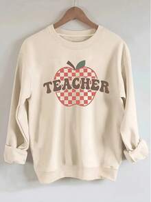 Women's Round-Neck Sweatshirt Teacher Print Pullover Sweatshirt, Autumn And Spring Casual Long-Sleeve Round-Neck Sweatshirt, Women's Clothing Autumn And Winter Styles - 杏色 - 查看 5