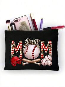 棒球妈妈生活帆布手提袋、零钱包、字母图案、拉链袋、个性化礼品包装、卡通趣味多用途手提袋、黑色黄麻手提袋配黑色按扣、购物袋、化妆包 - 彩色 - 查看 2