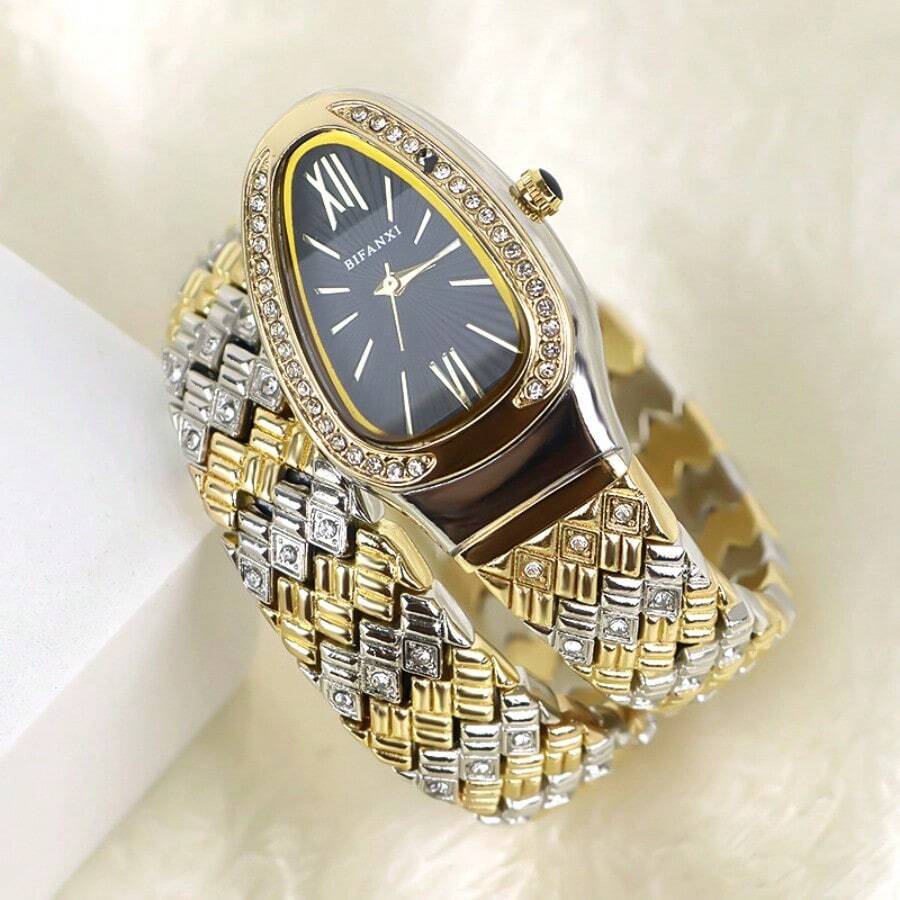 2025 Fashion Women's Quartz Bracelet Watch With Snake Wrap Band, Small Oval Dial, Crystal Luxury Wristwatch - 金銀漸層色,黑色 - 查看 1