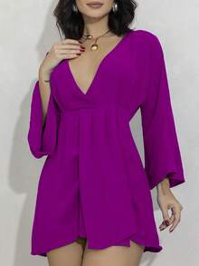 Women's Short Dress Long Sleeve Flare Duna Loose Sensual Neckline Foreign Fashion 2025 - 玫瑰紅 - 查看 2