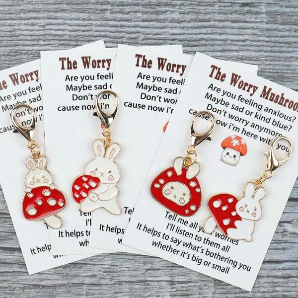 1 Stück/4 Stück Schlüsselanhänger mit Hase & Pilz, vermittelt einfühlsame Emotionen durch Text, wie z.B. Fragen, ob man ängstlich oder traurig ist, ermutigt dazu, Probleme zu teilen, geeignet als Geschenk für diejenigen, die Angst oder Traurigkeit erleben, um emotionalen Trost und Begleitung zu spenden, Weihnachtsgeschenk