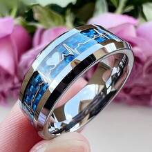 Valentine's Day Men's Silver Blue Heart Unique Design Carbon Fiber Inlaid With Synthetic Gemstones, Polished Dome Shape, Smooth Durable Waterproof Anti-Allergy Comfortable Wear, Perfect Gift For Weddings Or Anniversaries