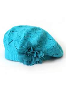 1pc Women's Casual Knitted Beret Hat With Large Floral Decor, Fashionable & Versatile Solid Color - Multicolor - View 17
