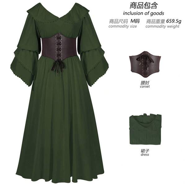 COS Rinascimentale Abito lungo con volant e maniche lunghe in taglie forti Costume da gioco di ruolo Vestito da spettacolo teatrale Costume da cosplay