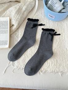 1 par de calcetines de mujer con lazo y contraste de color acanalado, lindos y versátiles, estilo lolita, calcetines blancos sencillos hasta el tobillo