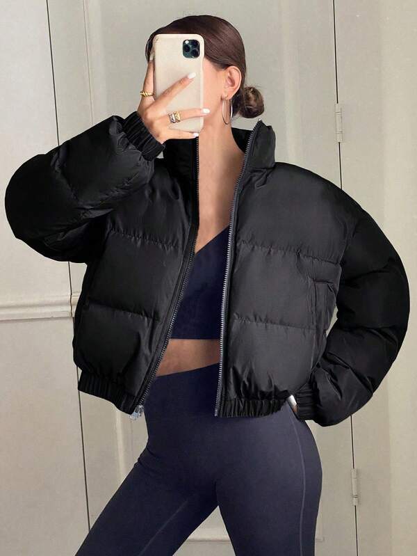 1pc Teen Girls Fashionable Minimalist Comfortable Casual Cropped Waist Outdoor Warm Stand Collar Thermal Lined Thick Short Jacket, Suitable For Autumn/Winter