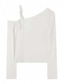 Women's Solid Color Oblique Collar Long Sleeve Fitted Casual T-Shirt, Spring/Summer/Autumn White - White - View 5