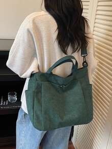 1pc Autumn/Winter Corduroy Multi-Pocket Tote Bag, Solid Color Durable Large Capacity Casual Bag, Unisex Outdoor Organizer Shopping Handbag For Work Office