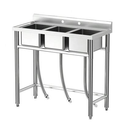 Stainless Steel Sink - 3-Compartment Freestanding, Hot & Cold Hoses, Commercial Utility For Garage, Restaurant, Backyard, Indoor Outdoor (39 * 18 * 37inch), Without Faucet 39*18*37inch