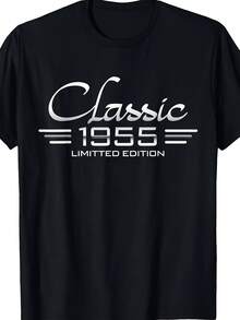 Men's Limited Edition 1955 Vintage Graphic T-Shirt - Retro Casual Black T-Shirt With White And Gray Print, Soft And Breathable Fabric, Crew Neck, Machine Washable - Birthday Gift For Him, Comfortable Summer Fit, Vintage T-Shirt, Classic Print, High Quality Print, Printed Shirt, Adult Clothing - 黑色 - 查看 1