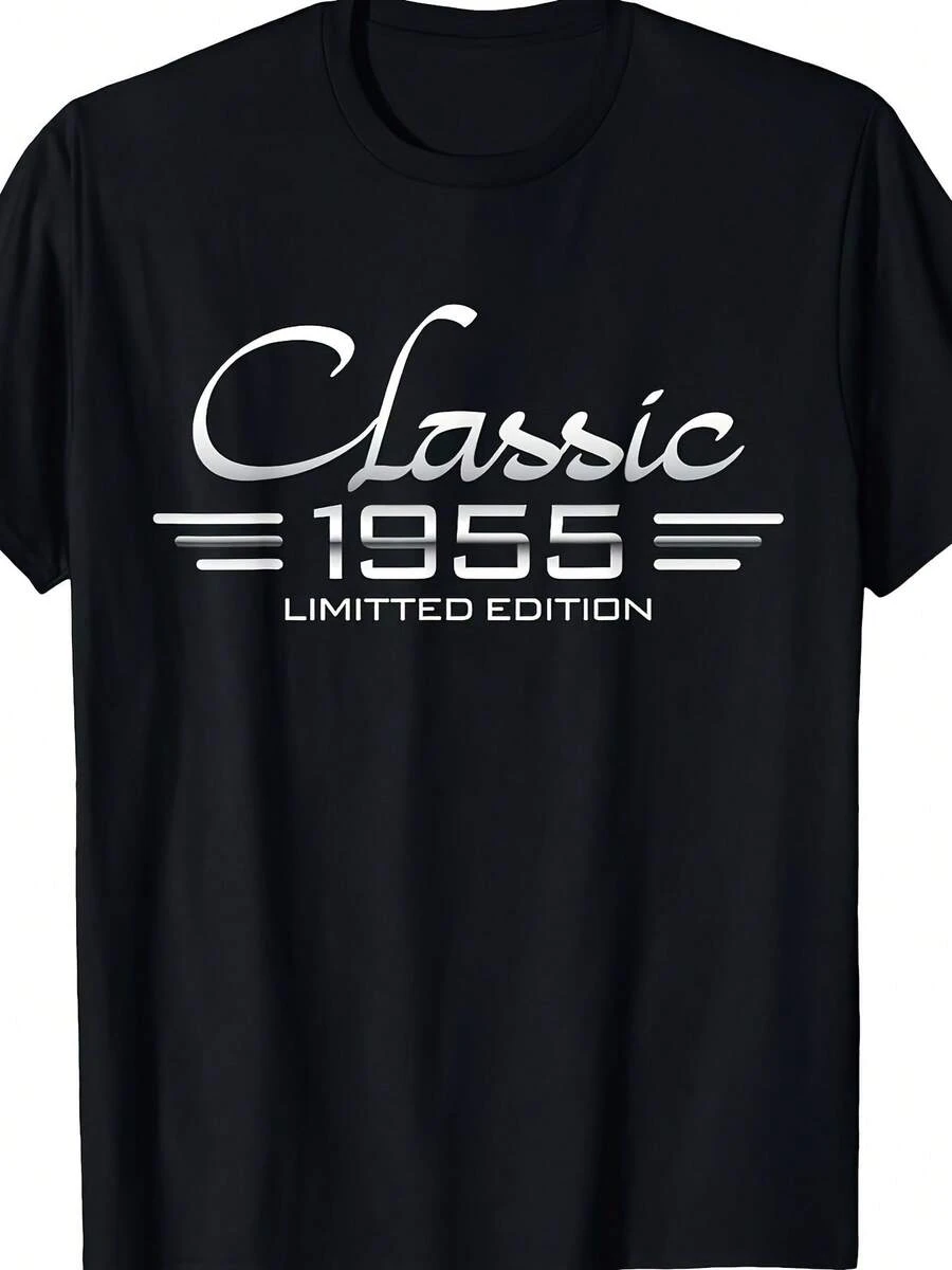 Men's Limited Edition 1955 Vintage Graphic T-Shirt - Retro Casual Black T-Shirt With White And Gray Print, Soft And Breathable Fabric, Crew Neck, Machine Washable - Birthday Gift For Him, Comfortable Summer Fit, Vintage T-Shirt, Classic Print, High Quality Print, Printed Shirt, Adult Clothing - 黑色 - 查看 1