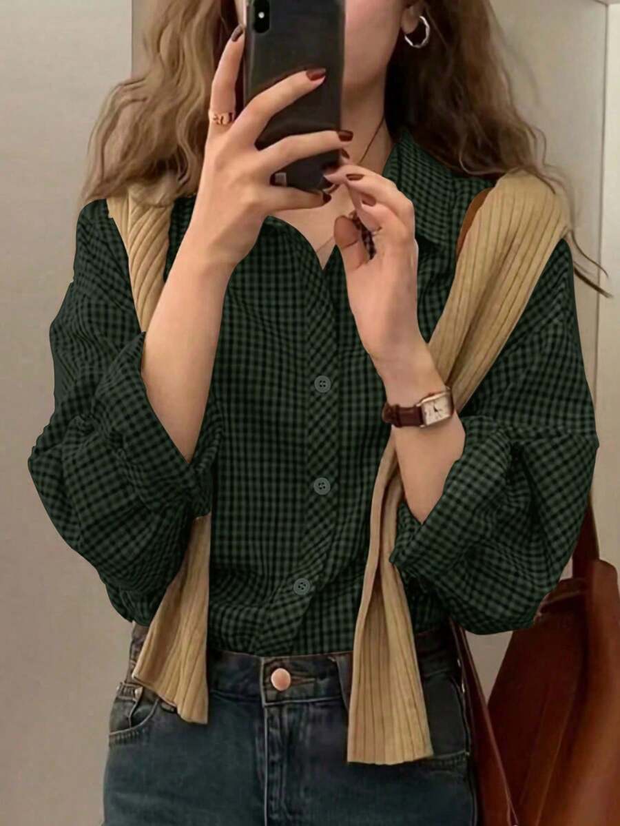 Women's Casual Plaid Long Sleeve Shirt, Button Front Dropped Shoulder Blouse Top, Regular Fit Woven Fabric