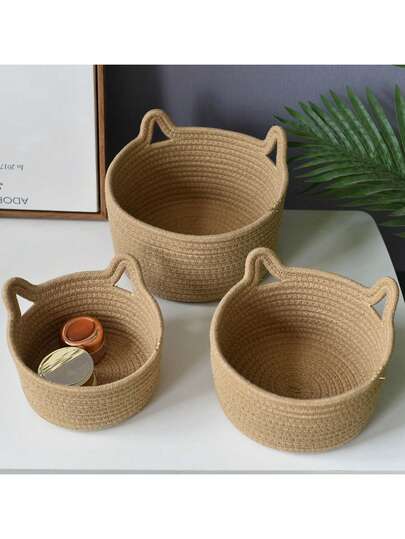 Cesta de almacenamiento con orejas de gato trenzada a mano, cesta organizadora tejida con cuerda y tapa, caja de almacenamiento decorativa plegable para dormitorio, organización de ropa y juguetes de guardería, organizador de encimera de cocina, empaque de regalo de Navidad, cama para mascotas, decoración de estantes de baño y sala de estar