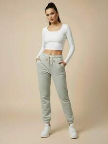 Women's Plush Jogger Sweatpants With Drawstring And Pocket | Winter Pants, Cold Weather Clothing, Comfortable, Warm, Casual, Thermal - 淡綠色 - 查看 2