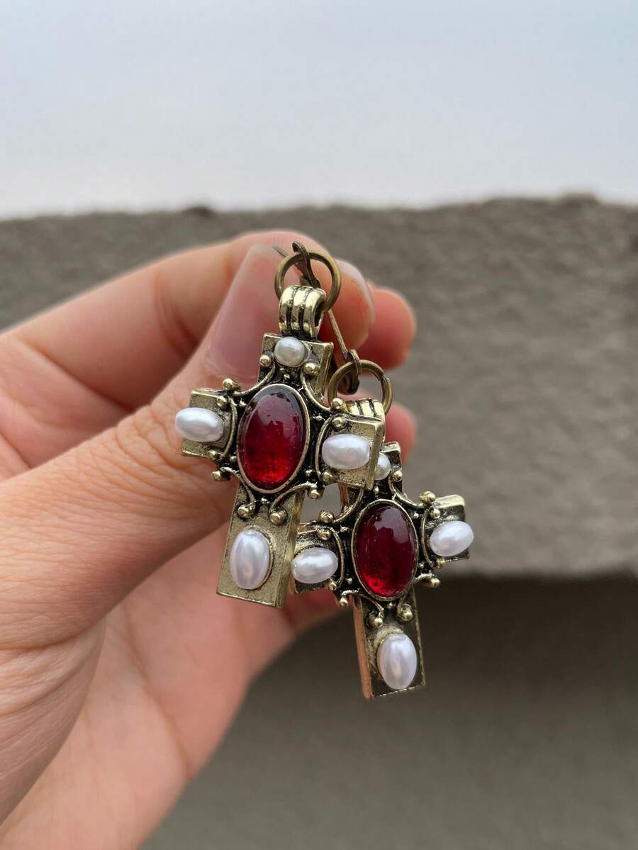 2pcs Vintage Imitation Pearl Ruby Cross Earrings Gothic Style Antique Bronze Metal Women's Pendant Earrings Suitable For Holiday Party Anniversary - Màu Đồng Cổ - Xem 1