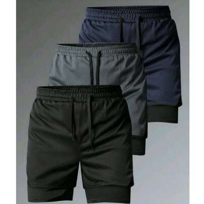 KIT 3 ShortS Masculino 2 em 1 para academia Treino seguro short importado Preto Cinza Marinho