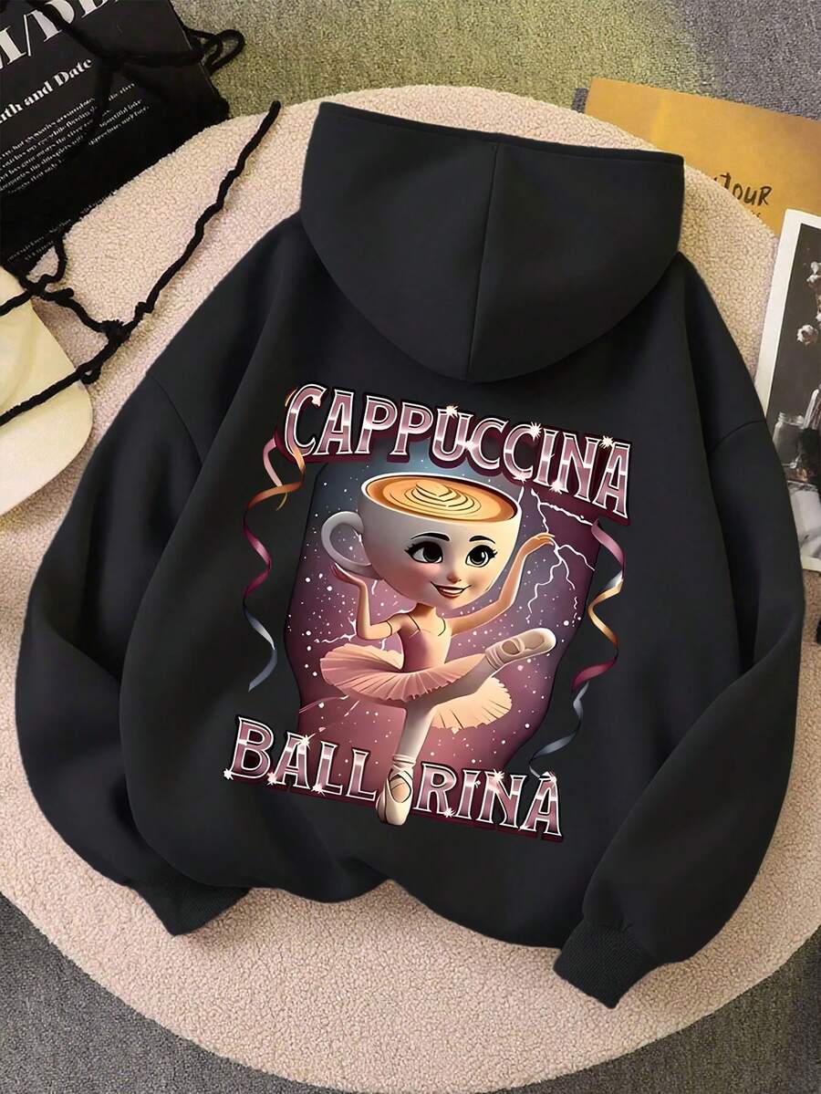 Tween Girls A Ballerina Coffee Graphic Pullover, Long Sleeved Hooded Sweatshirt, Suitable For Autumn/Winter ,Daily Wear - Black - View 1