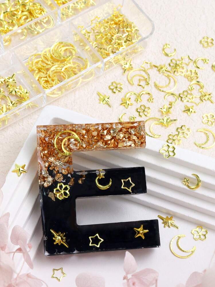 1 Box Gold Resin Keychain Making Kit, Includes Mixed Star, Flower, Moon Resin Filler Accessories, DIY Craft Supplies, Jewelry Making Materials - Multicolor - View 6