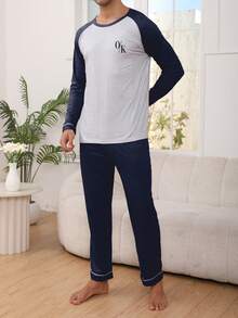 Men's Casual Sleepwear Set, Lightweight Round Neck Letter Print Long Sleeve Top And Pants, Comfortable And Relaxed Fit, Spring/Autumn