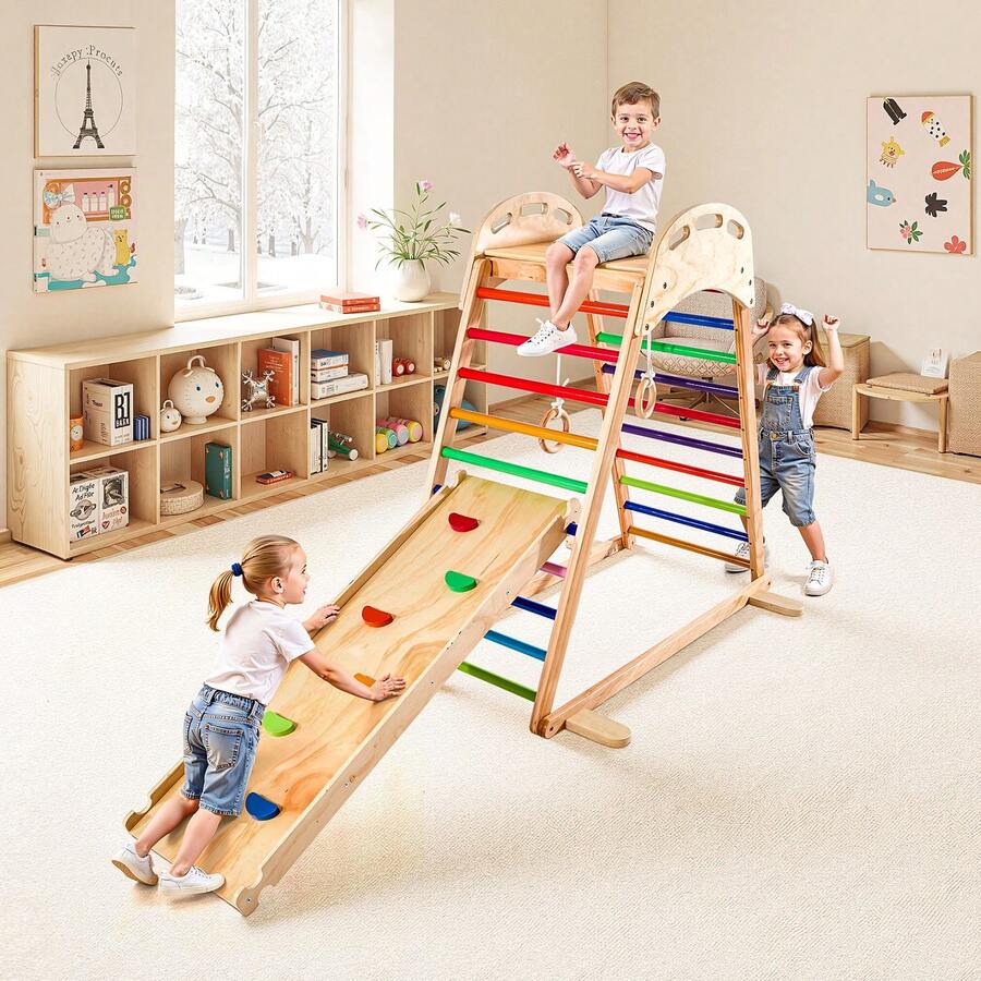 Indoor Playground Jungle Gym, 4-In-1 Wooden Indoor Playground Playset With Climbing Rock, Slide, Wooden Ladder & Gym Rings, Montessori Style Playground Climbing Toys For Boys Girls, 220LBS - M Color 4-in-1 - View 1