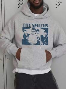 Men's Hoodie With Smith Family Figure Graphic, Thermal Lined, Autumn/Winter, Long Sleeve Top - Grey - View 3