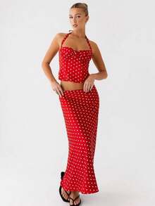 Women's Polka Dot Skirts Set Sleeveless Halter Neck Slim Fit Crop Top Bodycon Maxi Skirt Sets Summer Outfits - Đỏ - Xem 1