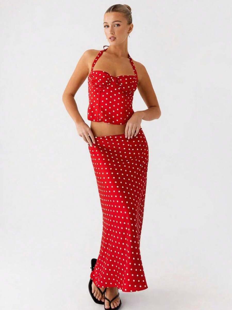 Women's Polka Dot Skirts Set Sleeveless Halter Neck Slim Fit Crop Top Bodycon Maxi Skirt Sets Summer Outfits - Đỏ - Xem 1