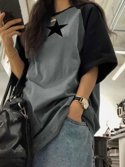 Camiseta de punto de manga corta con cuello redondo, estampado de estrella, costuras de contraste de color, mangas raglán para mujeres de talla grande, estilo casual y cómodo para vacaciones de verano