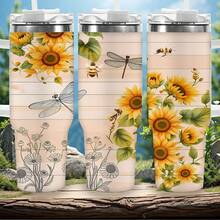 1pc 20oz/40oz Sunflower And Dragonfly Pattern Tumbler With Lid And Straw, Insulated Travel Mug For Fall, Gift For Women Men, Ideal For Halloween, Memorial, Christmas, Birthday Gift, Iced/Hot Coffee Cup - 20ZT - 查看 3