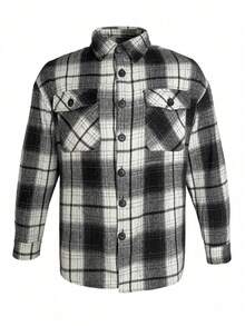 Chaqueta casual de hombre de franela a cuadros de manga larga, chaqueta gruesa y cálida adecuada para el trayecto diario, versátil para otoño/invierno - Blanco y Negro - Ver 3