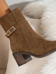 Women's Chunky Heel Ankle Boots, Brown Suede Boots With Metal Buckle Design, Essential For Autumn/Winter, Comfortable & Versatile, Pointed Toe Mid-Heel Shoes, Synthetic Upper,Party