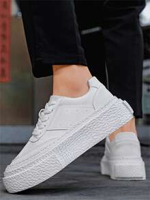 Teenagers' New Skateboard Shoes, Leather Upper With Lace-Up Design, Wear-Resistant Anti-Slip Thick Sole, Casual Skateboarding Shoes - White - View 4