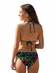 Printed Youth Bikini Set With Tie-Dye Triangle Top, Removable Pads, And Lined Panties For Summer - 墨綠色 - 查看 2