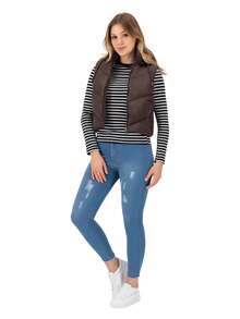 SAKERS OUTDOOR CLOTHING Chaleco informal de cuello alto para mujer, con bolsillos con cremallera, largo regular, tejido revestido, ligeramente elástico Chaleco Acolchado Dama Invierno Casual Moda, Capucha Sakers - Marrón - View 3