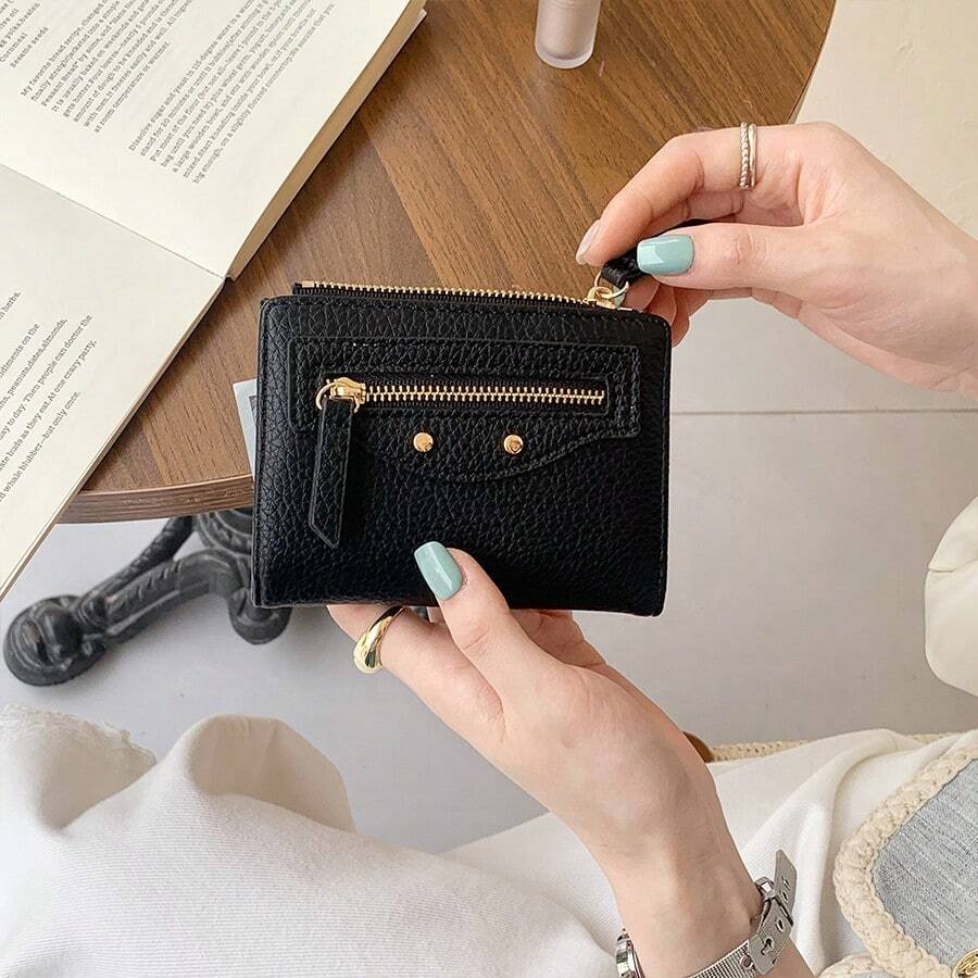 New Korean Style Rivet Women's Ins Solid Color Simple Card Holder Large Capacity PU Wallet In Stock For Women Money Wallet Mini Wallet Purse Wallet Small Wallet Cute Wallet - Black - View 1