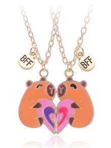 2 Pcs/Set Capybara Best Friends Pendant Necklace For School Lover Clavicle Chain BFF Best Friends Machine Pendant Necklace Popular Geometry Adjustable Double Chain Couple Necklace Jewelry Gifts - one-size - View 1