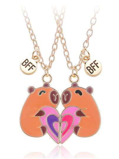 2 Pcs/Set Capybara Best Friends Pendant Necklace For School Lover Clavicle Chain BFF Best Friends Machine Pendant Necklace Popular Geometry Adjustable Double Chain Couple Necklace Jewelry Gifts