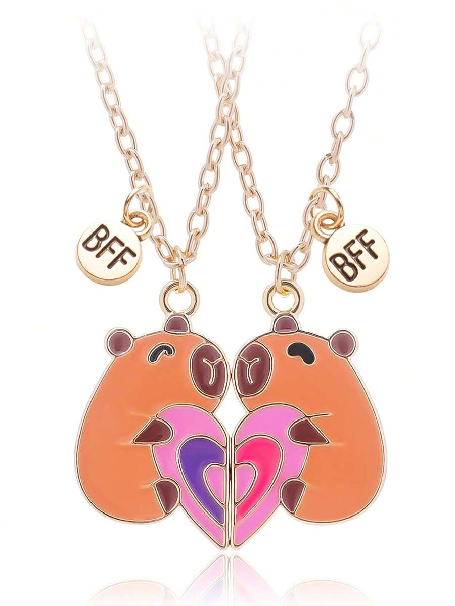 2 Pcs/Set Capybara Best Friends Pendant Necklace For School Lover Clavicle Chain BFF Best Friends Machine Pendant Necklace Popular Geometry Adjustable Double Chain Couple Necklace Jewelry Gifts - one-size - View 1