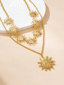 2 件时尚高端金属金太阳吊坠，适合女性日常佩戴，多层项链 - 金黃色 - 查看 3