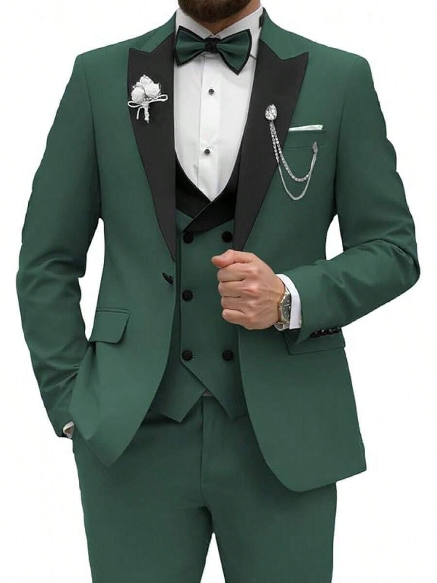 2026 Men's Casual Blazer & Pant Set Men's Tuxedo Suit 3 Piece Slim Fit Suit For Men Tuxedo For Men Wedding Party Dinner Prom Relaxed Stretch Fit For Smart Casual Events - 墨綠色 - 查看 1