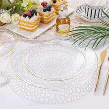 50/25/10/2 طبق شفاف مطرق بحافة ذهبية، أطباق سلطة، أطباق كيك/حلوى، أطباق فاكهة، صواني تقديم الطعام، مثالية للأعياد والحفلات وأعياد الميلاد والأعراس وعيد الشكر والكريسماس والعام الجديد