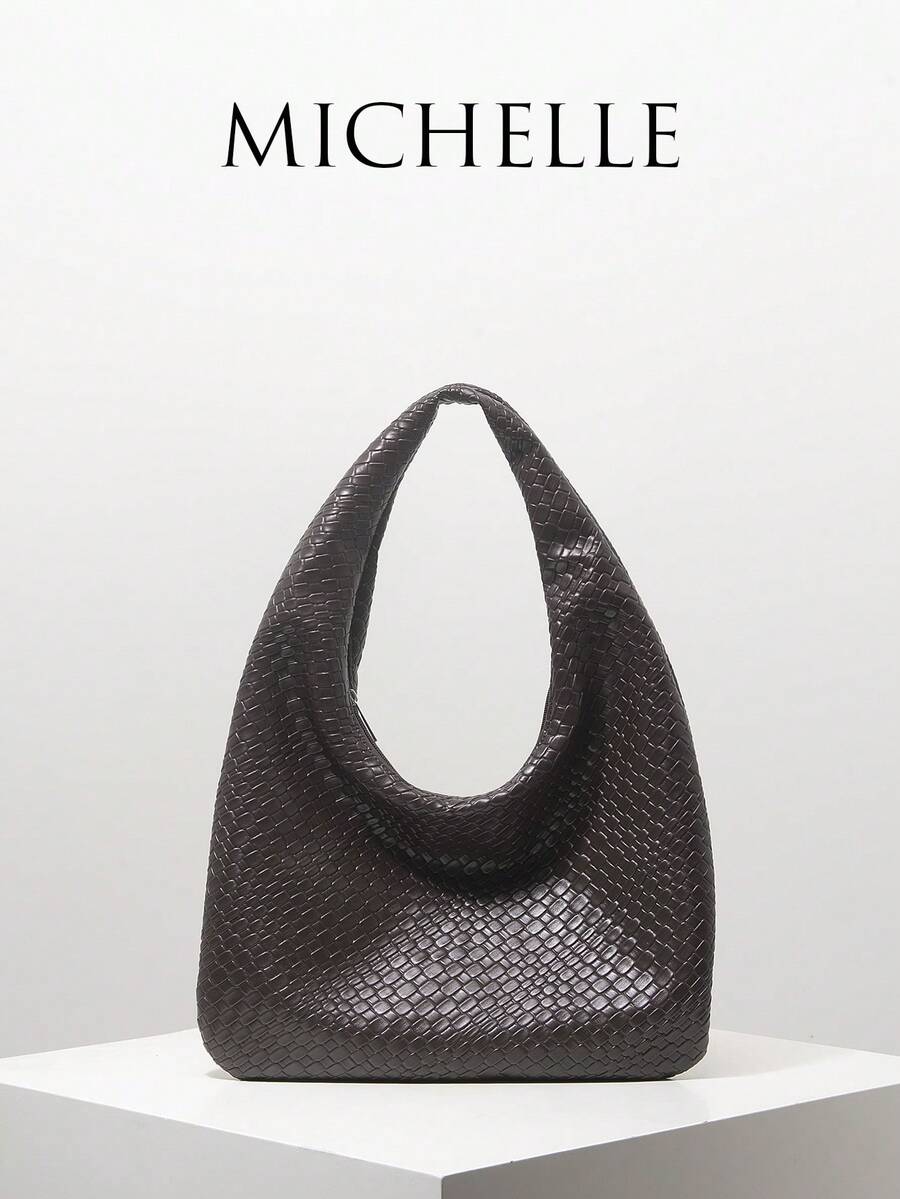 1pc Minimalist Faux Leather Woven Pattern Tote Bag, Large Capacity Tote Bags For Ladies, Vintage Bag, Business Casual Women, Work Bag Women, Fall Bag, Suitable For Daily Use, Shopping, Commuting, Outing, Multifunctional (Pattern Random) - Coffee Brown - View 1