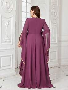 UNITHORSE Women V-Neck Sequin Patchwork Chiffon Extra Long Sleeve Fitted Maxi Evening Dress - Red Violet - View 2