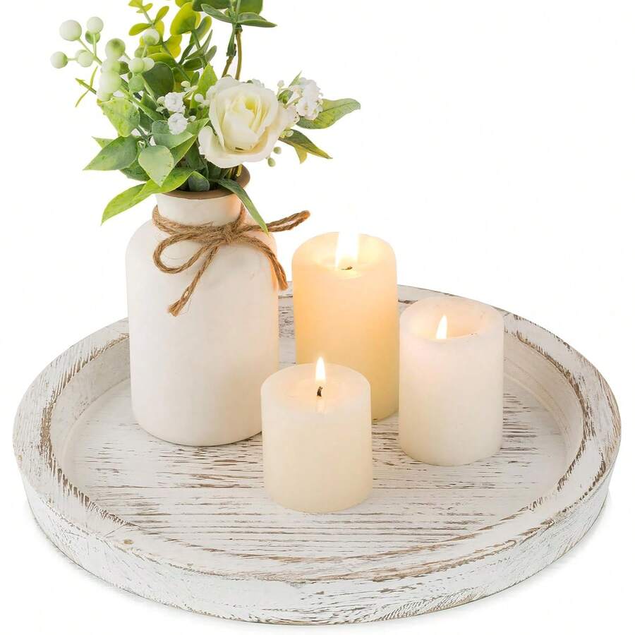 Bandeja Suporte de Vela: Bandeja Decorativa Redonda de Madeira para Vela Pequena, Peça Central de Mesa Rústica Estilo Fazenda, Bandejas Rústicas Brancas de Madeira para Velas Tipo Pilar e Chá - Branco - Visão 1