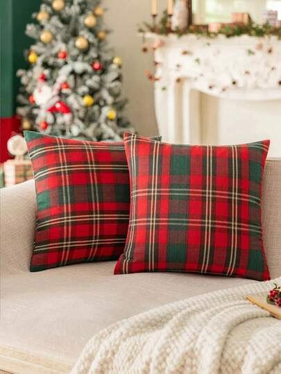 1/2/4pcs Red & Black Scottish Plaid Throw Pillow Covers - Traditional Winter Holiday Decor, Machine Washable Zipper Closure, Durable Fabric For Sofa, Christmas Pillow Covers, Tartan Cushion Cover, Christmas Scottish Plaid Pillow Cover, Cushion Cover
