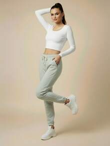Women's Plush Jogger Sweatpants With Drawstring And Pocket | Winter Pants, Cold Weather Clothing, Comfortable, Warm, Casual, Thermal - 淡綠色 - 查看 7
