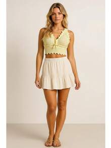 Modal Knit Top With Padded Cropped Beachwear Stylish - Yellow - View 2