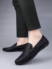 奢华男士皮革便士乐福鞋，休闲草编风格一脚蹬平底鞋，配有方便的松紧带，适合春秋季日常穿着、婚礼、宴会、办公室、商务场合的正装鞋